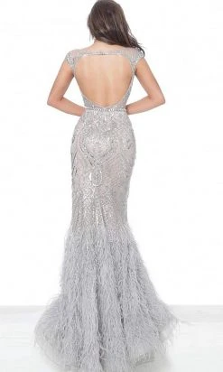 Jovani - 00880 Metallic Ornate Feather-Fringed Flare Gown