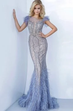 Jovani - 02326 Illusion Bejeweled Feather Sheath Dress 8 Jovani - 02326 Illusion Bejeweled Feather Sheath Dress