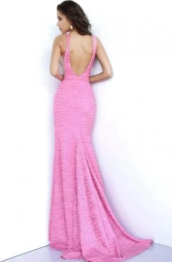 Jovani - 02472 V Neck Fitted Prom Dress With High Slit