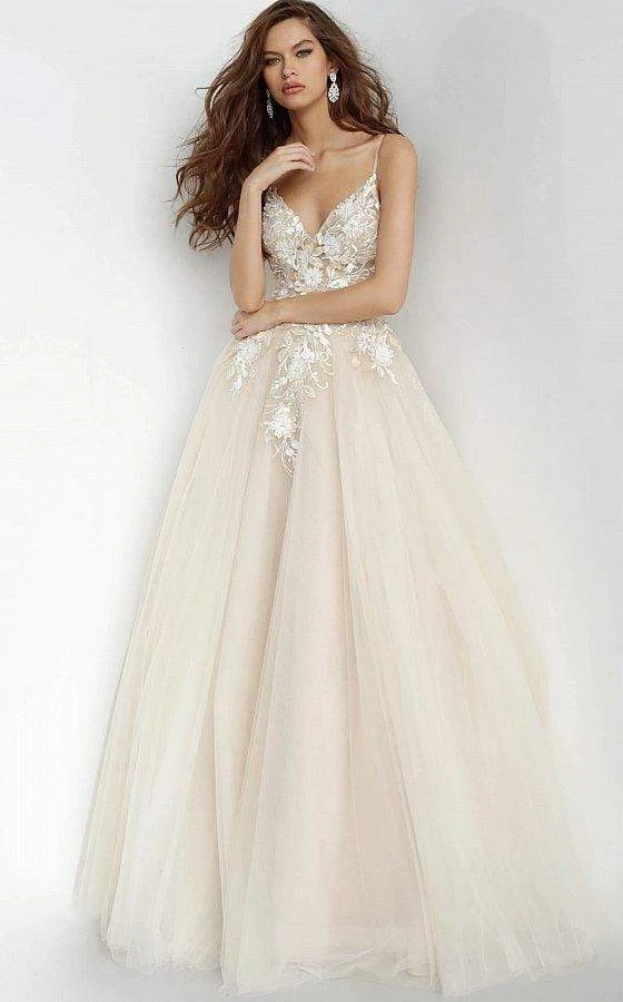 Jovani - 02758 Floral Applique Plunging V-neck Ballgown 3 Jovani - 02758 Floral Applique Plunging V-neck Ballgown