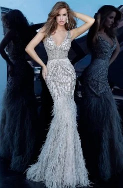 Jovani - 02798 V-Neck Bejewel Feather Sheath Silhouette