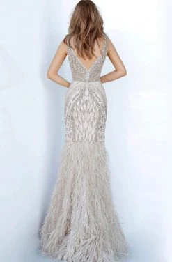 Jovani - 02798 V-Neck Bejewel Feather Sheath Silhouette