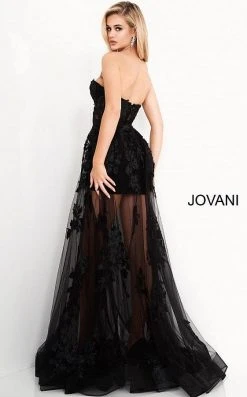 Jovani - 02845 Floral Embellished Corset Bodice Sheer Overskirt Gown