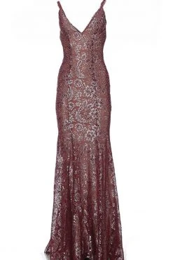 Jovani - 02906 Backless Metallic Lace Mermaid Gown