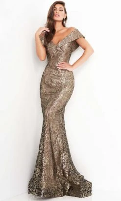 Jovani - 02920 Metallic Off Shoulder Long Gown
