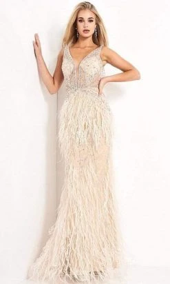 Jovani - 03023 Sheer Bodice Beaded Adorned Feather Fitted Evening Gown