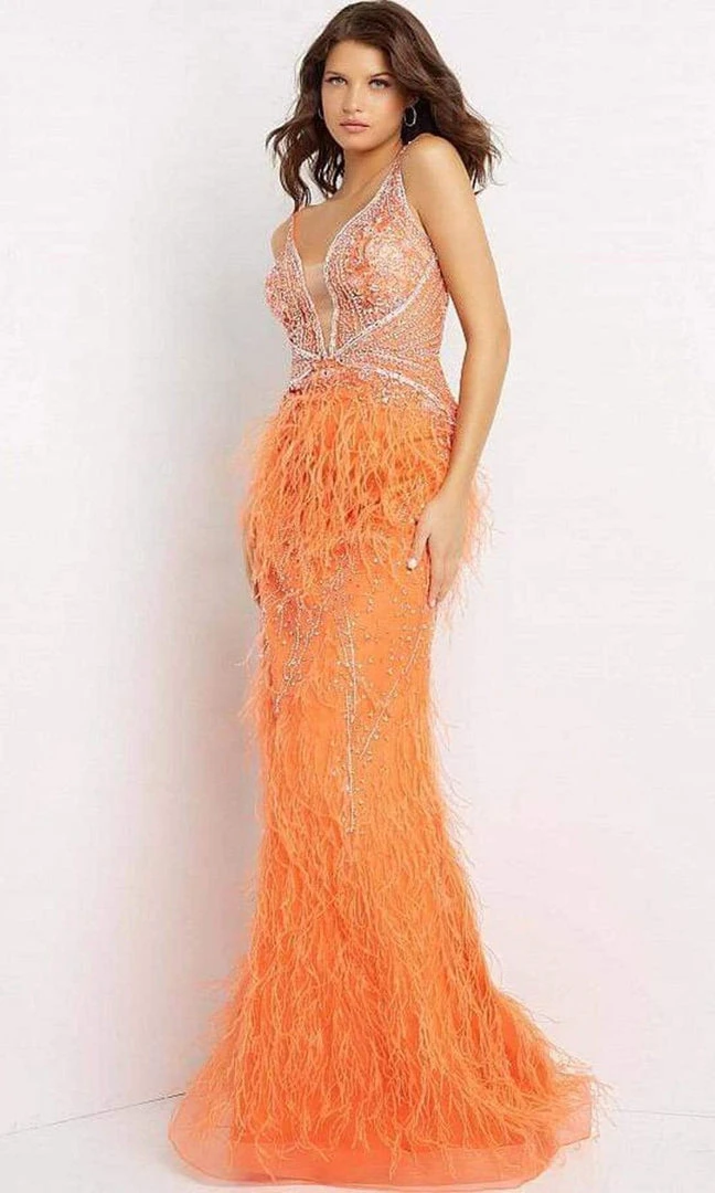 Jovani - 03023 Sheer Bodice Beaded Adorned Feather Fitted Evening Gown 10 Jovani - 03023 Sheer Bodice Beaded Adorned Feather Fitted Evening Gown