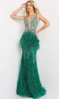 Jovani - 03023 Sheer Bodice Beaded Adorned Feather Fitted Evening Gown 24 Jovani - 03023 Sheer Bodice Beaded Adorned Feather Fitted Evening Gown