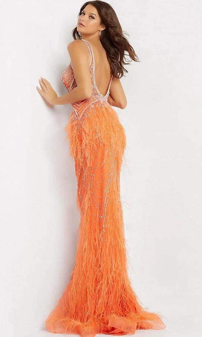 Jovani - 03023 Sheer Bodice Beaded Adorned Feather Fitted Evening Gown 11 Jovani - 03023 Sheer Bodice Beaded Adorned Feather Fitted Evening Gown