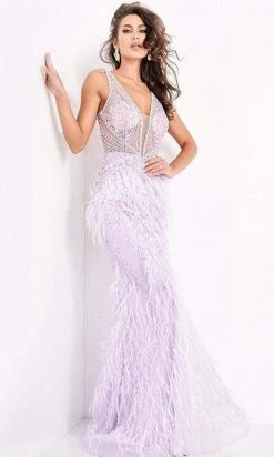 Jovani - 03023 Sheer Bodice Beaded Adorned Feather Fitted Evening Gown 20 Jovani - 03023 Sheer Bodice Beaded Adorned Feather Fitted Evening Gown