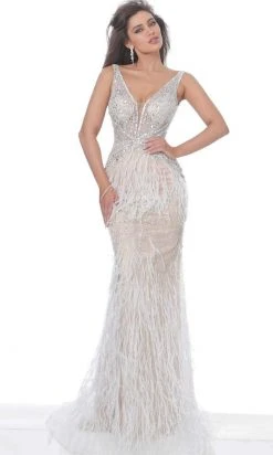 Jovani - 03023 Sheer Bodice Beaded Adorned Feather Fitted Evening Gown 18 Jovani - 03023 Sheer Bodice Beaded Adorned Feather Fitted Evening Gown