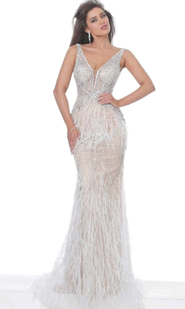 Jovani - 03023 Sheer Bodice Beaded Adorned Feather Fitted Evening Gown 6 Jovani - 03023 Sheer Bodice Beaded Adorned Feather Fitted Evening Gown