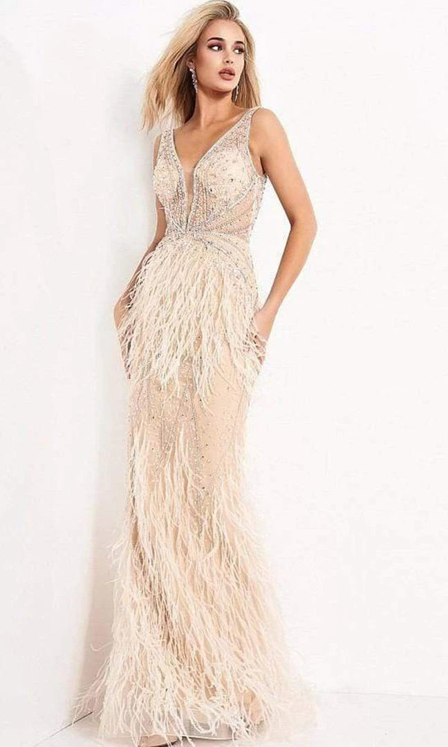 Jovani - 03023 Sheer Bodice Beaded Adorned Feather Fitted Evening Gown 5 Jovani - 03023 Sheer Bodice Beaded Adorned Feather Fitted Evening Gown