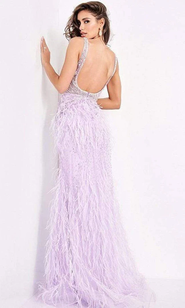 Jovani - 03023 Sheer Bodice Beaded Adorned Feather Fitted Evening Gown 9 Jovani - 03023 Sheer Bodice Beaded Adorned Feather Fitted Evening Gown