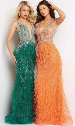 Jovani - 03023 Sheer Bodice Beaded Adorned Feather Fitted Evening Gown 26 Jovani - 03023 Sheer Bodice Beaded Adorned Feather Fitted Evening Gown