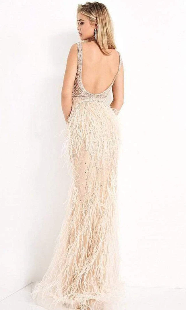 Jovani - 03023 Sheer Bodice Beaded Adorned Feather Fitted Evening Gown 4 Jovani - 03023 Sheer Bodice Beaded Adorned Feather Fitted Evening Gown