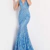 Jovani - 03570 Plunging Neck Shimmer Stripe Evening Gown