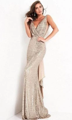 Jovani - 03854 Sequined Deep V Neck Sheath Dress