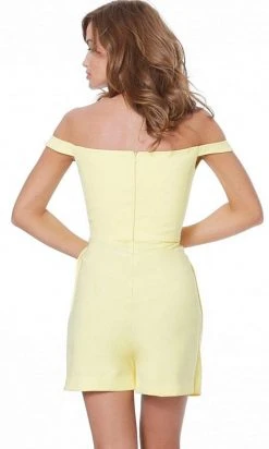 Jovani - 04126 Off Shoulder Front Overlay Fitted Romper Cocktail Dress