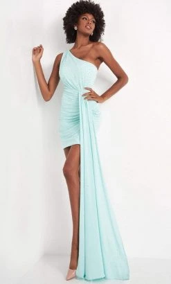 Jovani - 04153 One Shoulder Fitted Beaded Jersey Mini Dress With Sash
