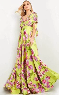 Jovani - 04176 Ruched Sleeve Printed Flowy Dress