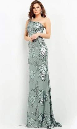 Jovani - 04331 Floral Sequin Embellished One Shoulder Fitted Gown