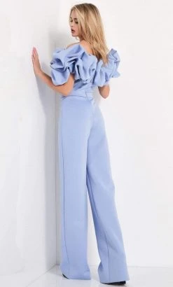 Jovani - 04369 Bubble Ruffle Off-Shoulder Scuba Jumpsuit