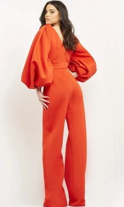 Jovani - 04372 V-Neck Stretch Scuba Bubble Sleeve Jumpsuit