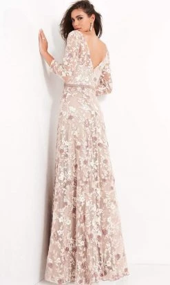 Jovani - 04451 Quarter Sleeve Floral Embroidered A-Line Gown