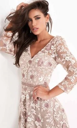 Jovani - 04451 Quarter Sleeve Floral Embroidered A-Line Gown