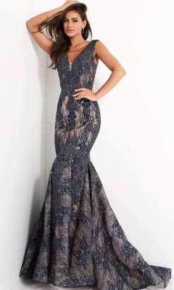 Jovani - 04585 Embroidered Deep V Neck Mermaid Gown