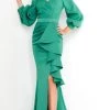 Jovani - 04841 Long Sleeve Ruffle Drape High Slit Evening Dress