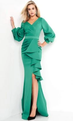 Jovani - 04841 Long Sleeve Ruffle Drape High Slit Evening Dress