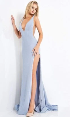 Jovani - 04998 Plunging V Neck Ravishing High Slit Glitter Gown