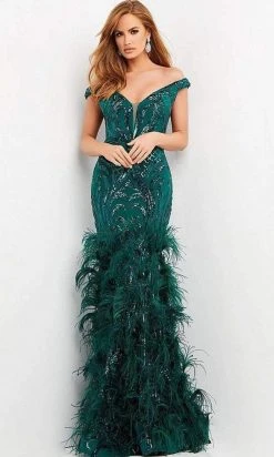 Jovani - 05660 Off Shoulder Sequined And Feathered Gown