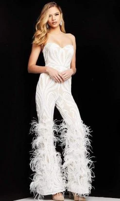 Jovani - 05669 Strapless Sweetheart Feathered Jumpsuit