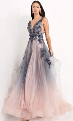 Jovani - 05835 Floral Appliqued A-Line Evening Gown
