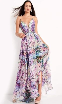 Jovani - 06031 Print Plunging V Neck A-Line Gown