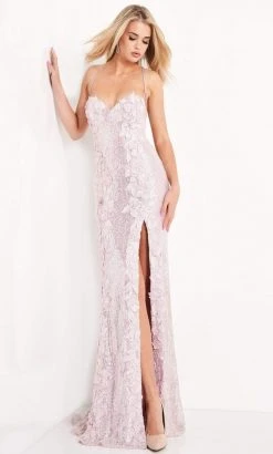 Jovani - 06109 Floral Appliques Sequin Embellished High Slit Gown