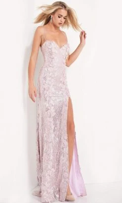 Jovani - 06109 Floral Appliques Sequin Embellished High Slit Gown