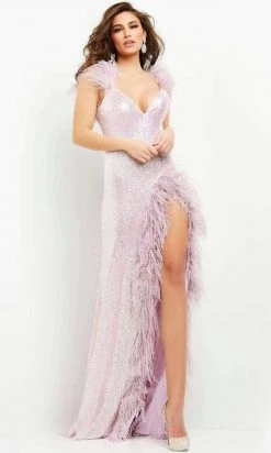 Jovani - 06164 Feather Trimmed High Slit Long Dress 8 Jovani - 06164 Feather Trimmed High Slit Long Dress