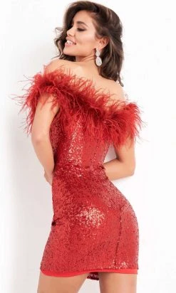Jovani - 06167 Feathered And Sequined Off Shoulder Cocktail Dress