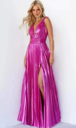 Jovani - 06220 Pleated Metallic High Slit Gown