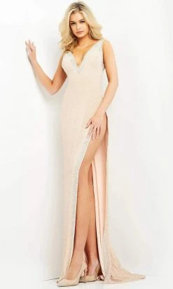 Jovani - 06276 Jewel-Trimmed High Slit Sheath Gown