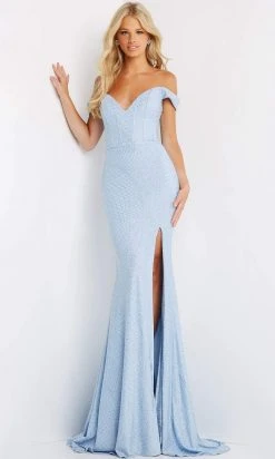 Jovani - 06281 Off Shoulder Lattice Glitter Gown