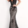 Jovani - 06437 Embroidered Deep Off Shoulder Sheath Dress