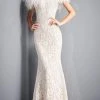 Jovani - 06451 Feather Off-Shoulder Allover Lace Mermaid Gown