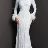Jovani 06662 - Feather Trimmed Lace Evening Dress