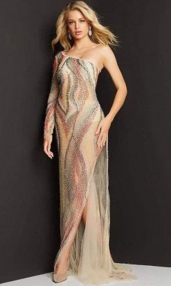 Jovani - 06741 Beaded Multicolor Slit Sheer Gown