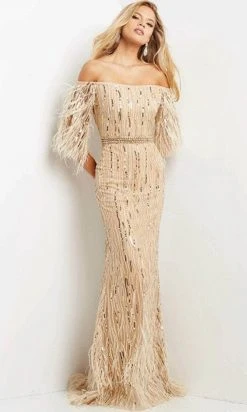 Jovani 07195 - Off-shoulder Quarter Length Sleeves Evening Gown
